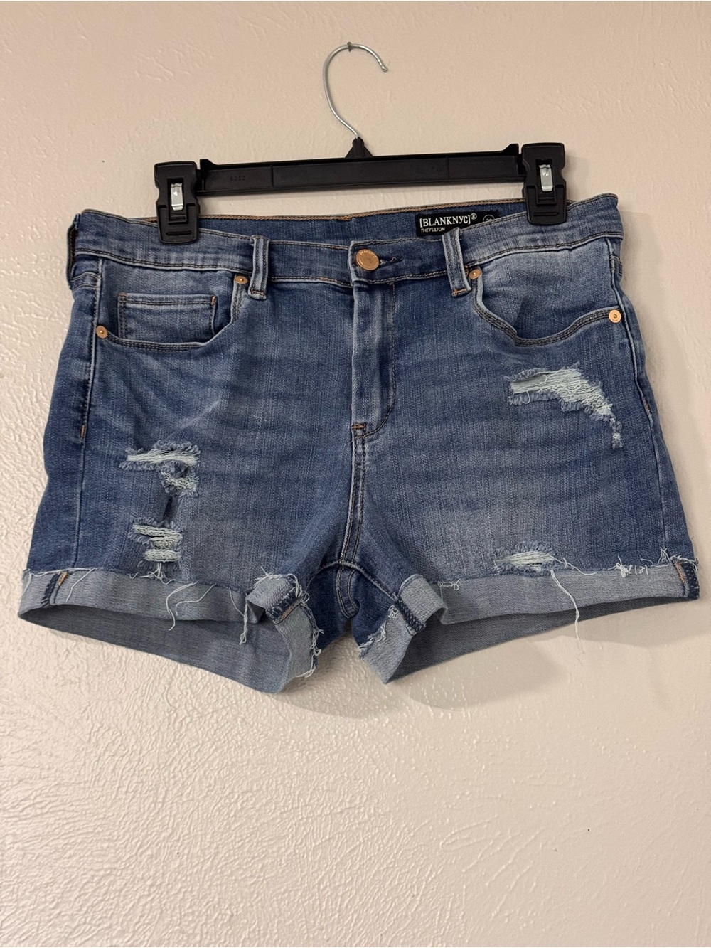 Blank NYC Medium Blue Distressed Rolled Cuff Jean Shorts